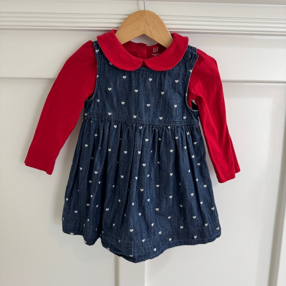 Baby Gap Blue Denim Heart Jumper and Red Peter Pan Onesie - Size 12-18m